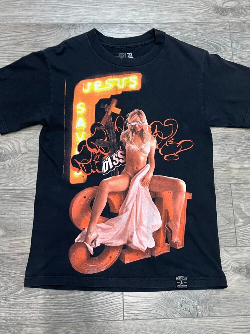 Dissizit Jesus Saves Black Graphic T-Shirt Small Vintage Streetwear Y2K Tee